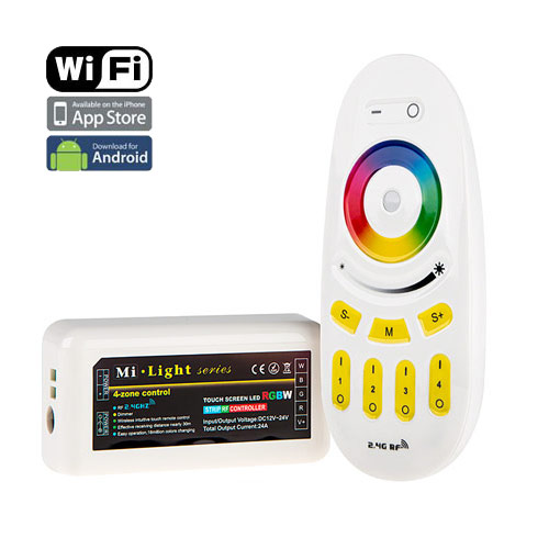 DC12/24V Max 24A 6A4CH, Smartphone or Tablet WiFi Compatible RGB+White Multi Zone 2.4GHz Controller With WIFI Hub For RGBW LED Light Strips